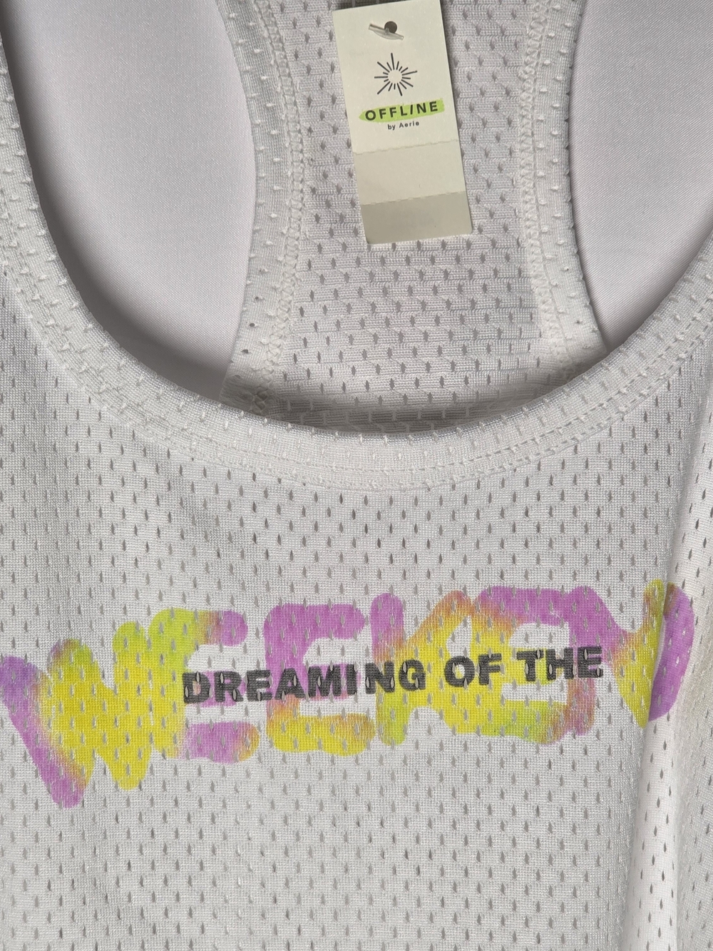 NWT OFFLINE White Mesh Racerback Crop Tank with Yellow & Pink Graphic Weekend, M - Picture 2 of 7